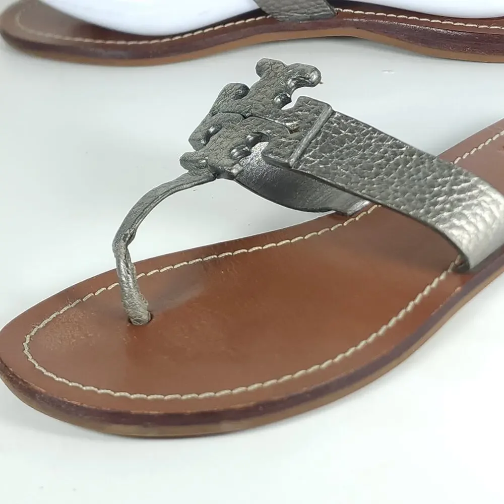 Tory Burch Women's Moore US 7M Metalic Pewter Leather SlipOn Flat Thong Sandals